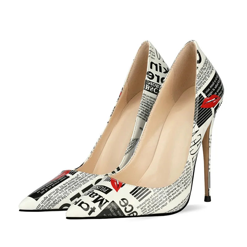 3D Painting Women Shoes Patent Leather Fashion Black And White Pumps